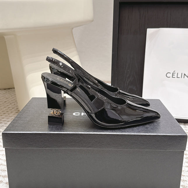 CHANEL 26S HIGH HEEL SLINGBACKS 80 MM IN BLACK PATENT