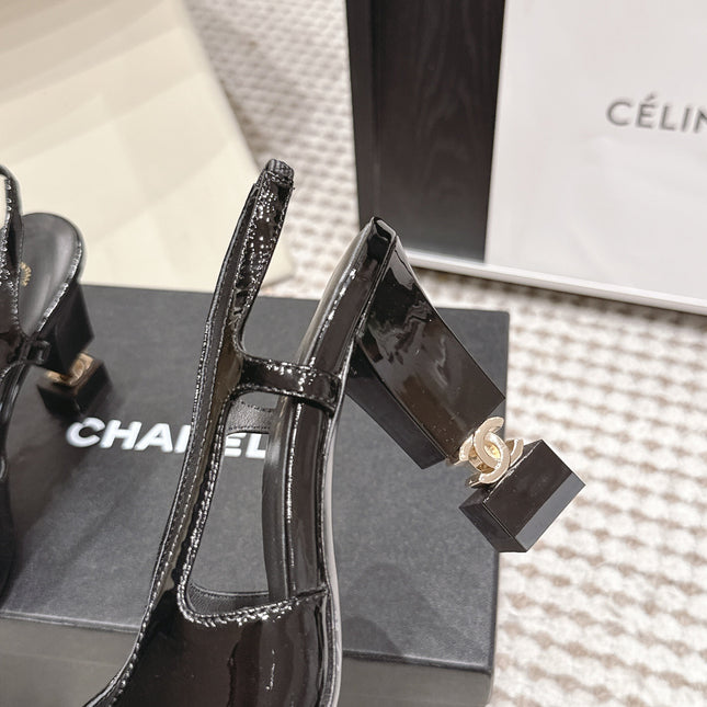 CHANEL 26S HIGH HEEL SLINGBACKS 80 MM IN BLACK PATENT