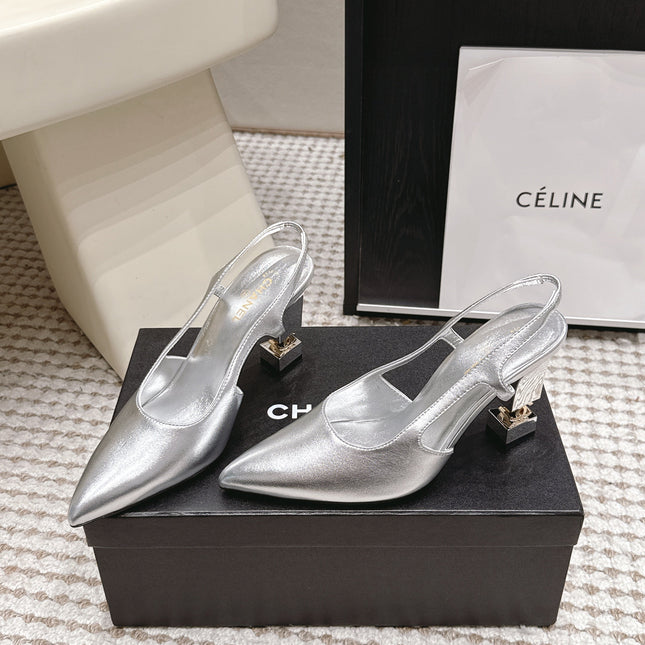CHANEL 26S HIGH HEEL SLINGBACKS 80 MM IN SILVER PATENT