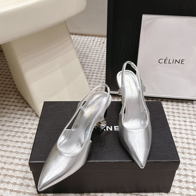CHANEL 26S HIGH HEEL SLINGBACKS 80 MM IN SILVER PATENT