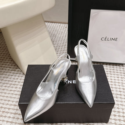 CHANEL 26S HIGH HEEL SLINGBACKS 80 MM IN SILVER PATENT