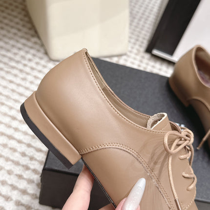 CHANEL 26S LACE-UP OXFORD SHOES IN LIGHT BROWN CALFSKIN WITH BLACK TOE CAP
