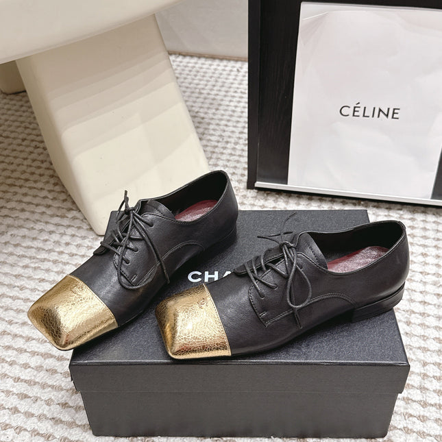 CHANEL 26S LACE-UP OXFORD SHOES IN BLACK CALFSKIN WITH GOLD TOE CAP