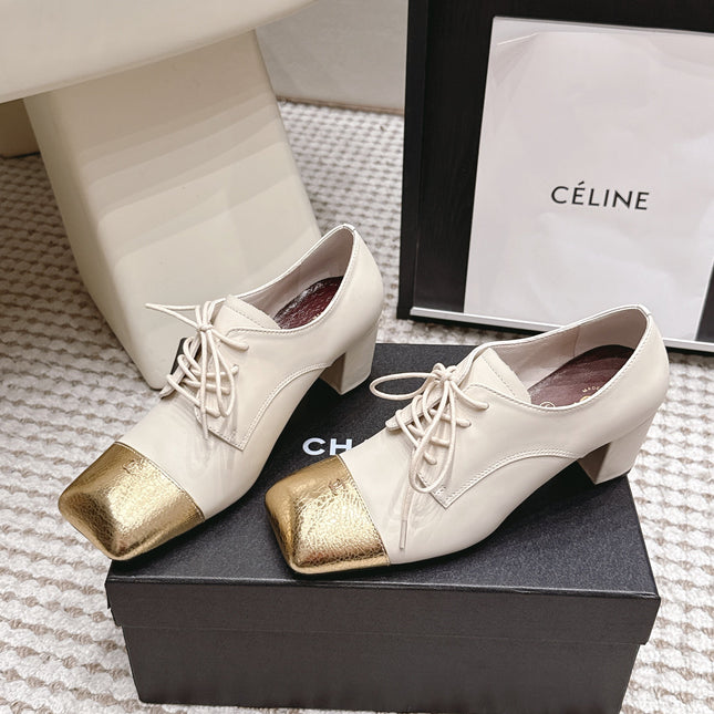 CHANEL 26S LACE-UP OXFORD HEELS IN LIGHT BEIGE CALFSKIN WITH GOLD TOE CAP