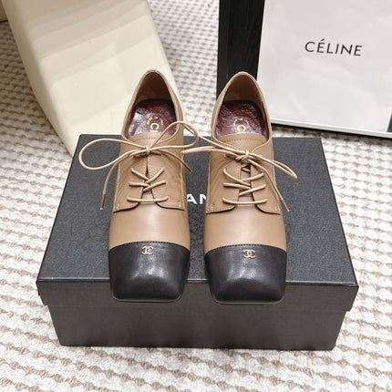 CHANEL 26S LACE-UP OXFORD HEELS IN LIGHT BROWN CALFSKIN WITH BLACK TOE CAP