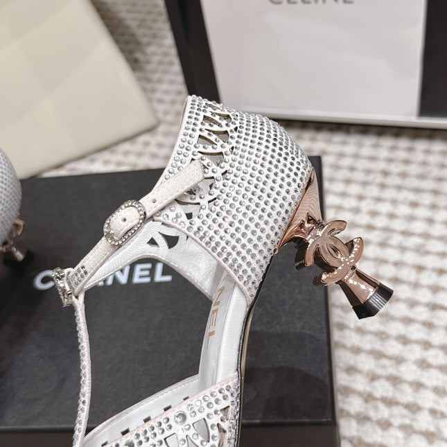 CHANEL 26S HIGH HEELS 50 MM IN WHITE RHINESTONE EMBELLISHED