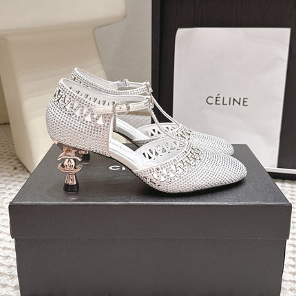 CHANEL 26S HIGH HEELS 50 MM IN WHITE RHINESTONE EMBELLISHED