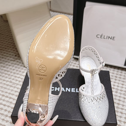 CHANEL 26S HIGH HEELS 50 MM IN WHITE RHINESTONE EMBELLISHED