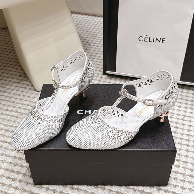 CHANEL 26S HIGH HEELS 50 MM IN WHITE RHINESTONE EMBELLISHED