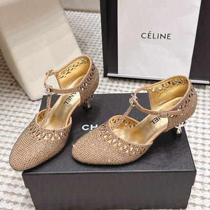 CHANEL 26S HIGH HEELS 50 MM IN BEIGE RHINESTONE EMBELLISHED