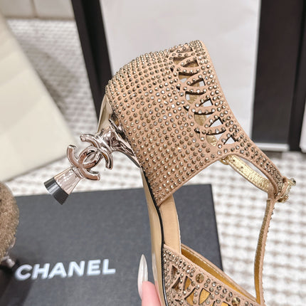CHANEL 26S HIGH HEELS 50 MM IN BEIGE RHINESTONE EMBELLISHED