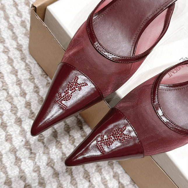 YSL 26S HEELED MULES 75 MM IN DARK RED CALFSKIN & MESH
