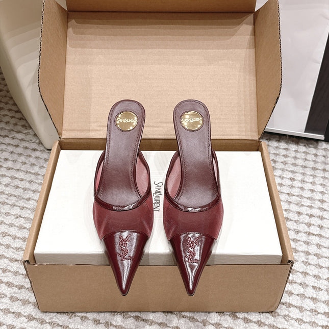 YSL 26S HEELED MULES 75 MM IN DARK RED CALFSKIN & MESH