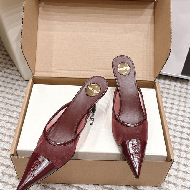 YSL 26S HEELED MULES 75 MM IN DARK RED CALFSKIN & MESH