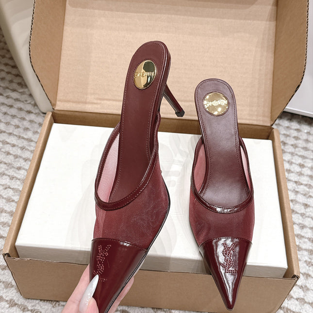 YSL 26S HEELED MULES 75 MM IN DARK RED CALFSKIN & MESH