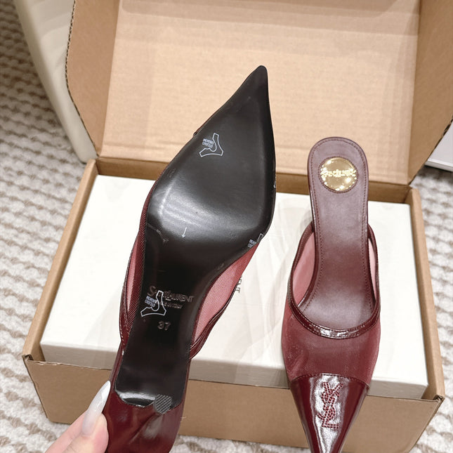 YSL 26S HEELED MULES 75 MM IN DARK RED CALFSKIN & MESH
