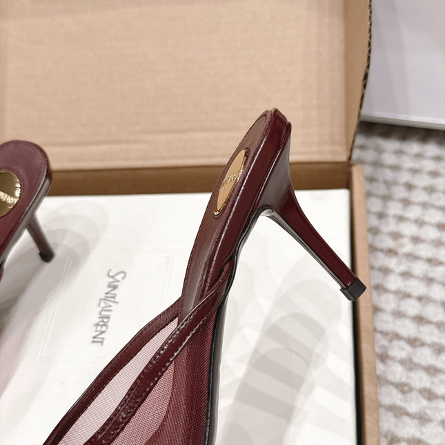 YSL 26S HEELED MULES 75 MM IN DARK RED CALFSKIN & MESH