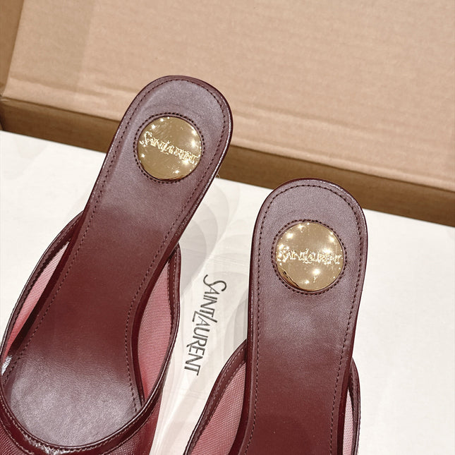 YSL 26S HEELED MULES 75 MM IN DARK RED CALFSKIN & MESH