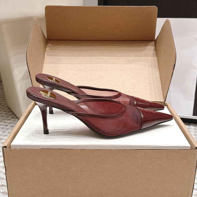 YSL 26S HEELED MULES 75 MM IN DARK RED CALFSKIN & MESH