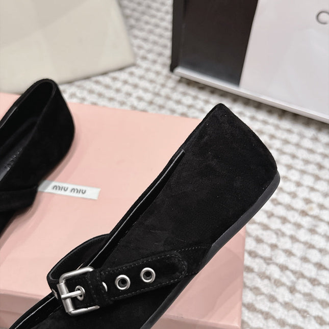 MIUMIU 26S MARY JANE BALLET IN BLACK SUEDE WITH BUCKLE STRAP