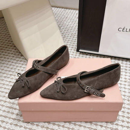 MIUMIU 26S MARY JANE BALLET IN TAUPE BROWN SUEDE WITH BUCKLE STRAP