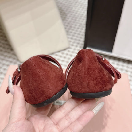 MIUMIU 26S MARY JANE BALLET IN DARK RED SUEDE WITH BUCKLE STRAP