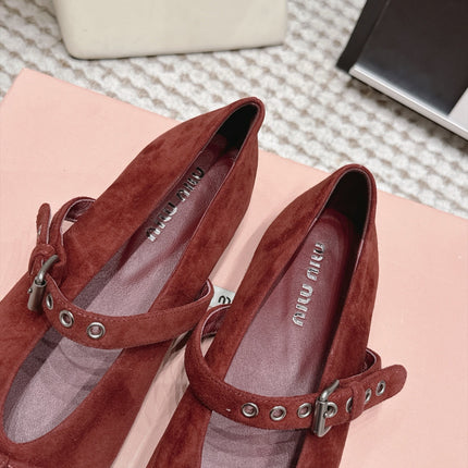 MIUMIU 26S MARY JANE BALLET IN DARK RED SUEDE WITH BUCKLE STRAP