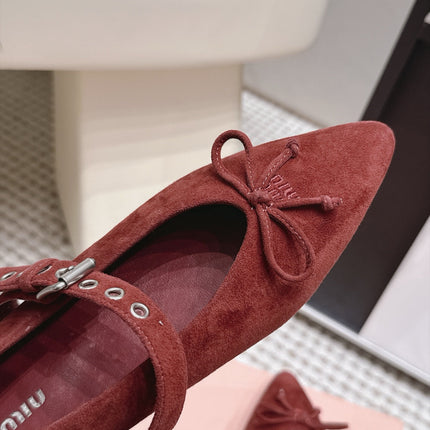 MIUMIU 26S MARY JANE BALLET IN DARK RED SUEDE WITH BUCKLE STRAP