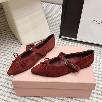 MIUMIU 26S MARY JANE BALLET IN DARK RED SUEDE WITH BUCKLE STRAP