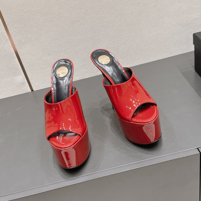 YSL 26S HIGH-HEEL SANDALS 155 MM IN DARK RED PATENT LEATHER