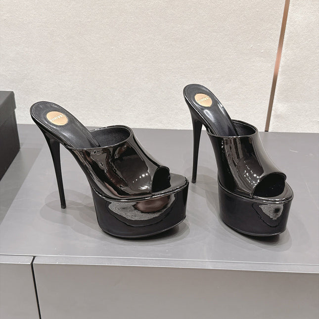 YSL 26S HIGH-HEEL SANDALS 155 MM IN BLACK PATENT LEATHER