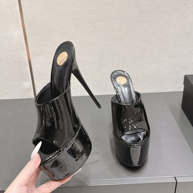 YSL 26S HIGH-HEEL SANDALS 155 MM IN BLACK PATENT LEATHER