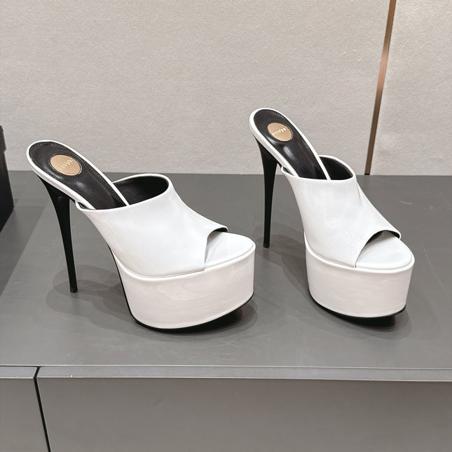 YSL 26S HIGH-HEEL SANDALS 155 MM IN WHITE PATENT LEATHER