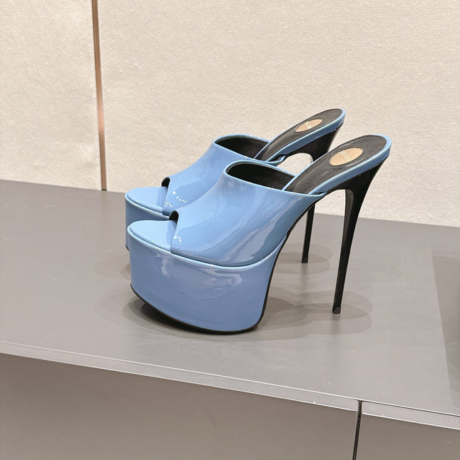 YSL 26S HIGH-HEEL SANDALS 155 MM IN BLUE PATENT LEATHER