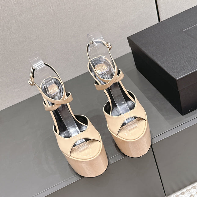 YSL 26S PLATFORM SANDALS 155 MM IN BEIGE PATENT LEATHER