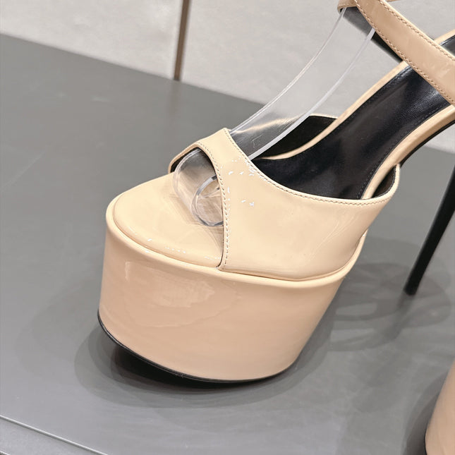 YSL 26S PLATFORM SANDALS 155 MM IN BEIGE PATENT LEATHER