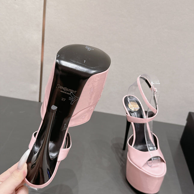 YSL 26S PLATFORM SANDALS 155 MM IN LIGHT PINK PATENT LEATHER