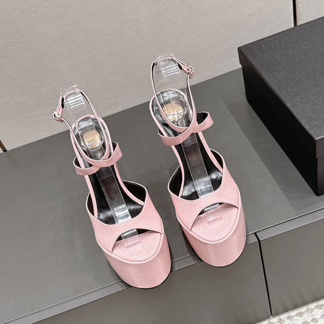 YSL 26S PLATFORM SANDALS 155 MM IN LIGHT PINK PATENT LEATHER