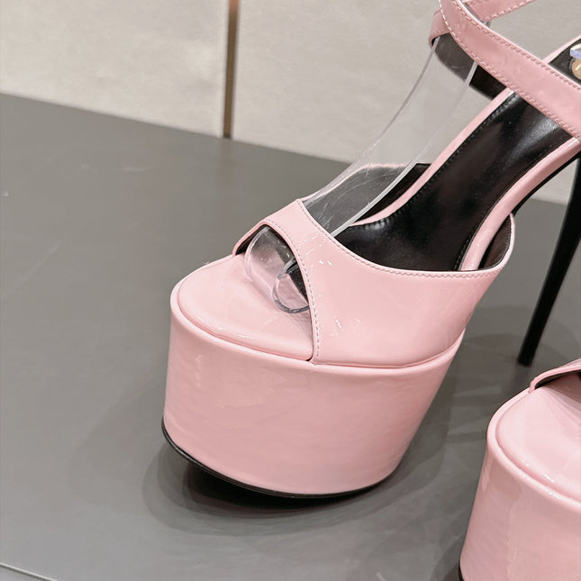 YSL 26S PLATFORM SANDALS 155 MM IN LIGHT PINK PATENT LEATHER