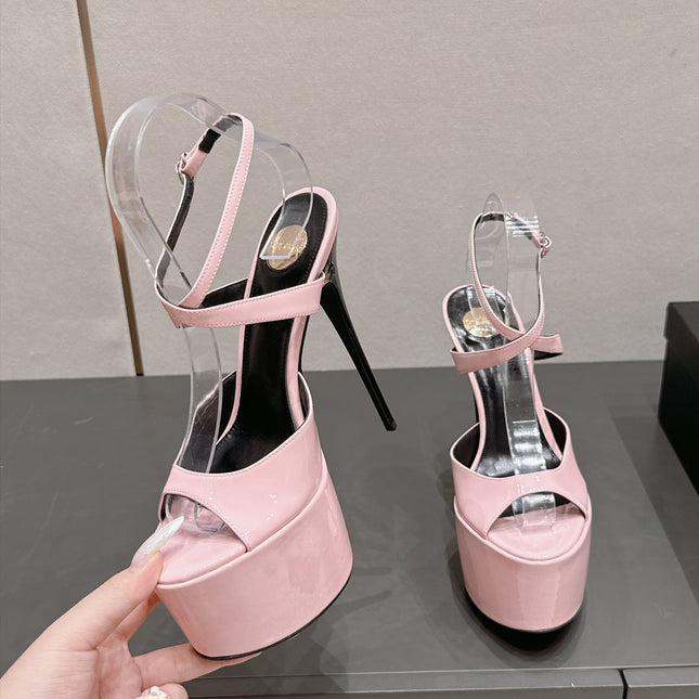 YSL 26S PLATFORM SANDALS 155 MM IN LIGHT PINK PATENT LEATHER