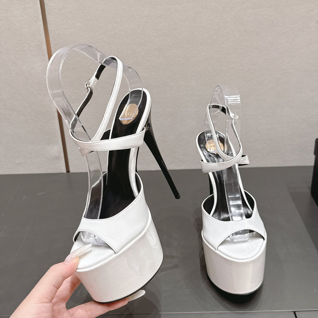 YSL 26S PLATFORM SANDALS 155 MM IN WHITE PATENT LEATHER