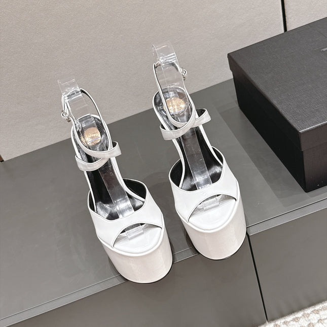 YSL 26S PLATFORM SANDALS 155 MM IN WHITE PATENT LEATHER