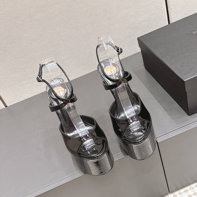 YSL 26S PLATFORM SANDALS 155 MM IN BLACK PATENT LEATHER