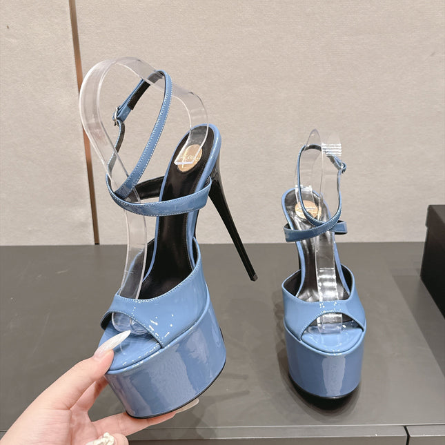 YSL 26S PLATFORM SANDALS 155 MM IN BLUE PATENT LEATHER