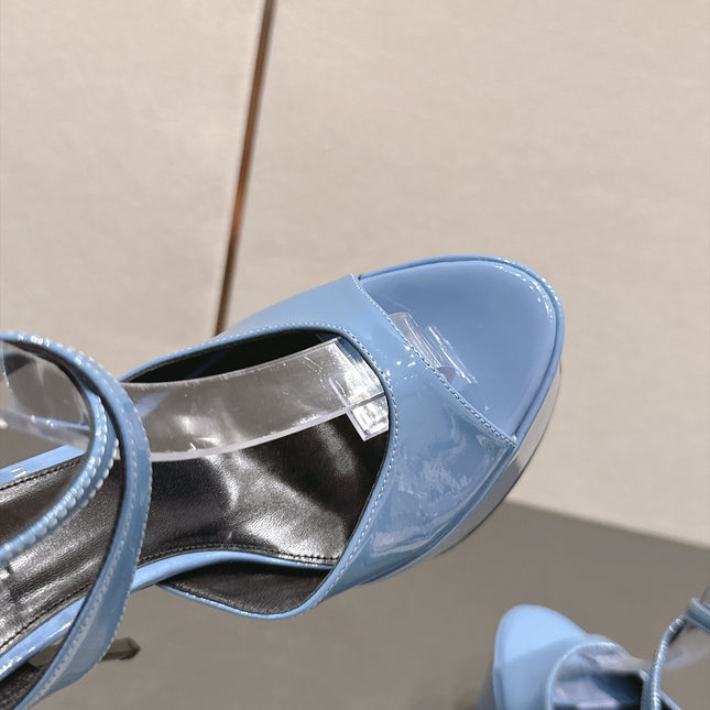 YSL 26S PLATFORM SANDALS 155 MM IN BLUE PATENT LEATHER