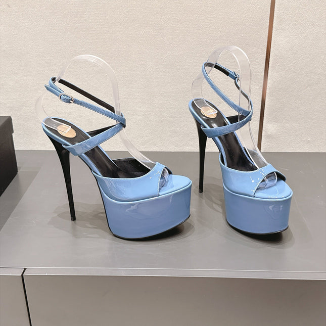 YSL 26S PLATFORM SANDALS 155 MM IN BLUE PATENT LEATHER