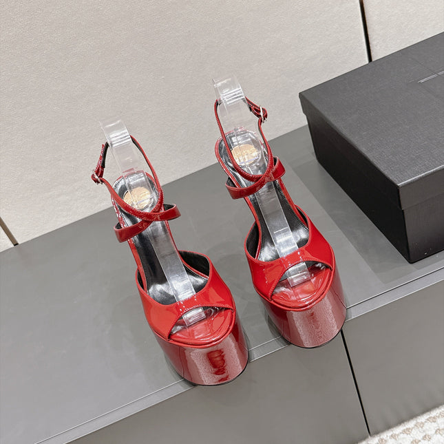 YSL 26S PLATFORM SANDALS 155 MM IN DARK RED PATENT LEATHER