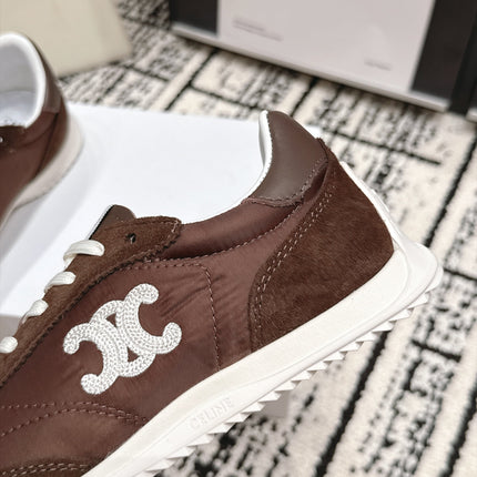 CELINE 26S LOW TOP SNEAKERS IN BROWN FABRIC AND SUEDE