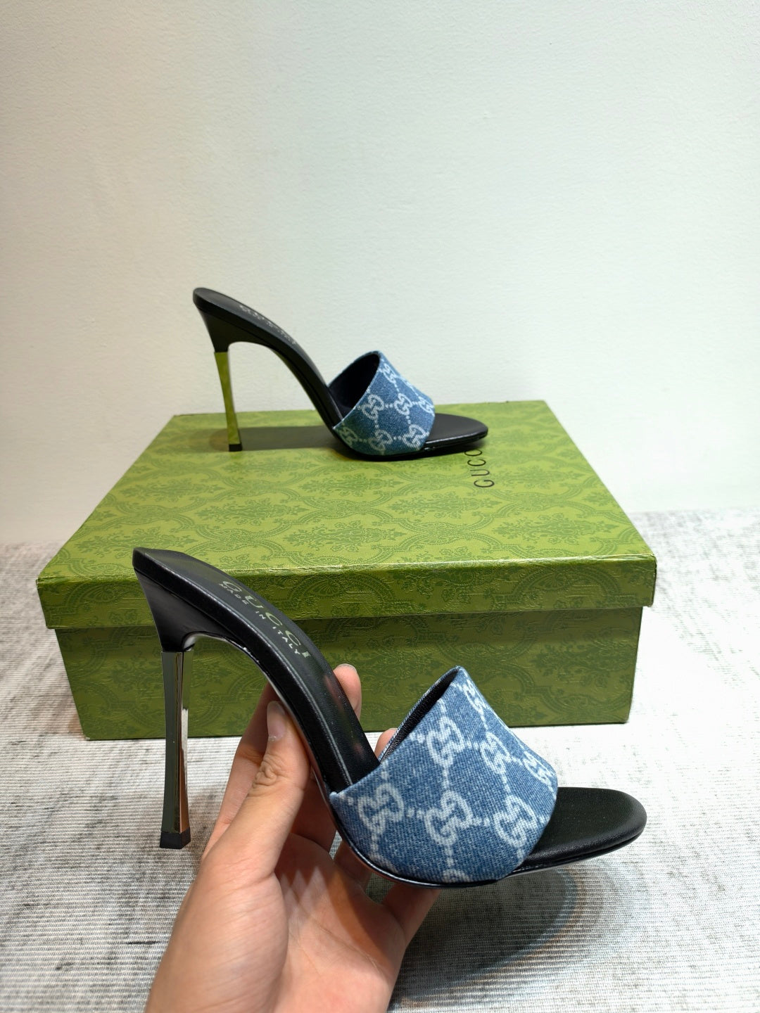 GUCCI 26S MULE SANDALS 110MM IN BLUE GG DENIM