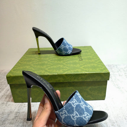 GUCCI 26S MULE SANDALS 110MM IN BLUE GG DENIM